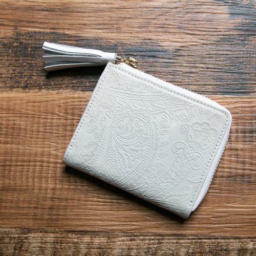 Leather Goods Shop Hallelujah 【日本手工製】短皮夾 佩斯利花紋 多夾層 白色