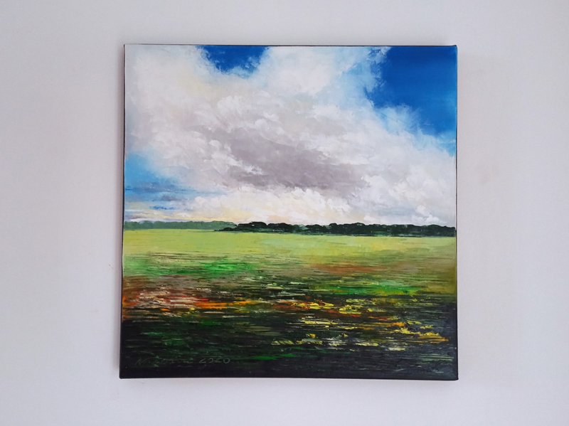 Original art textured oil painting landscape on canvas - ตกแต่งผนัง - ผ้าฝ้าย/ผ้าลินิน สีน้ำเงิน