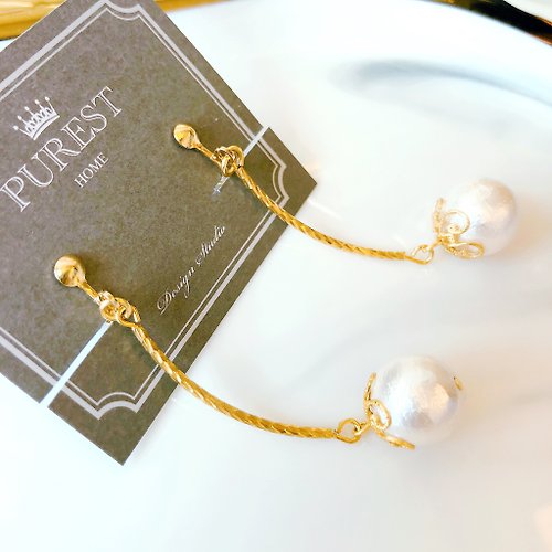 PUREST HOME PUREST HOME 氣質典雅の日本棉珍珠-垂墜黃銅耳環