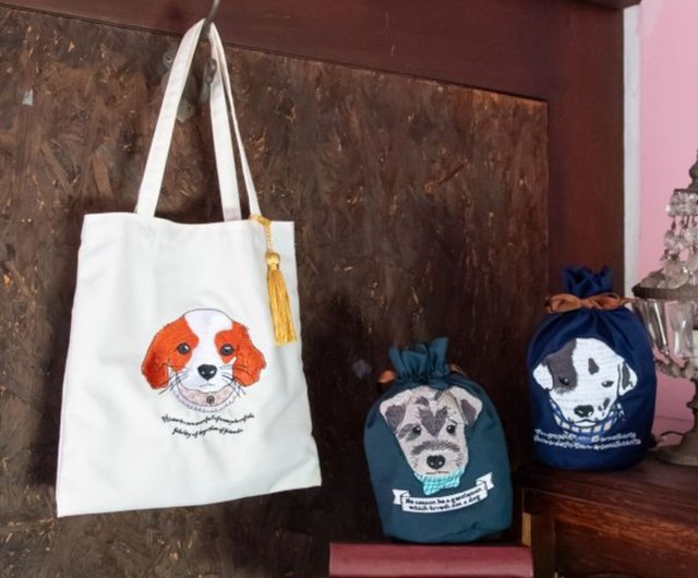 好評予約】ヨーロピアンイラスト風犬刺繍トートバッグ（3色