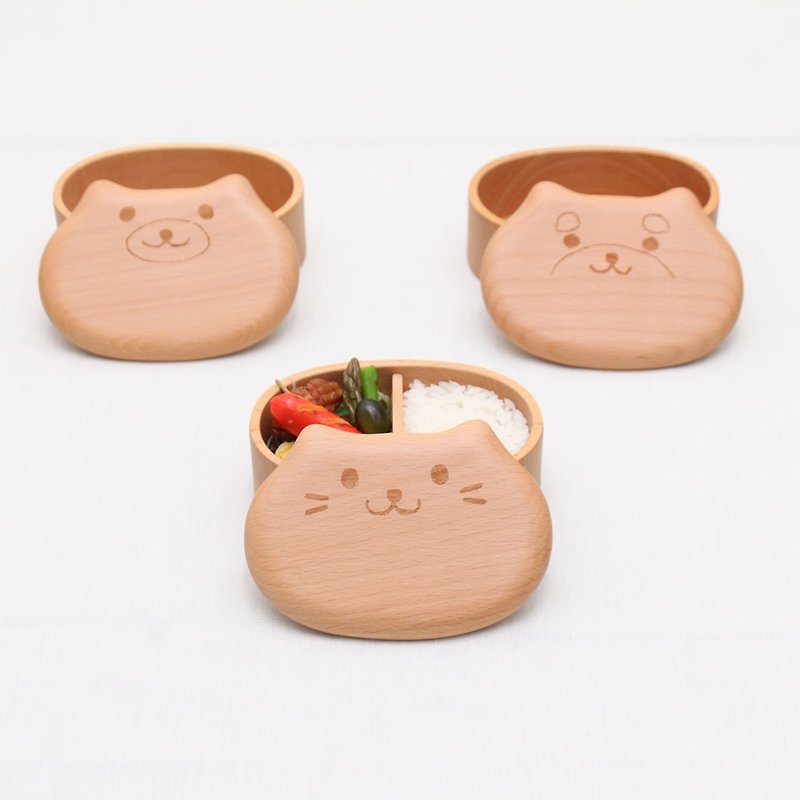 buna Natural Wood Animal Lunchbox 300ml Box Kids Gift Container Cat Dog Bear - Lunch Boxes - Wood Khaki