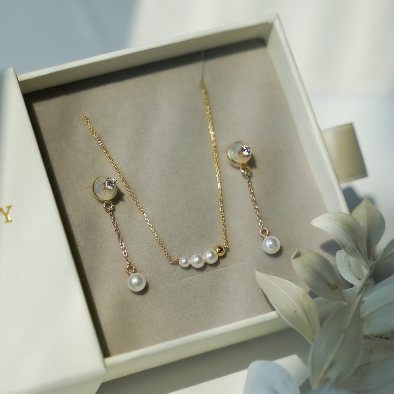 Solitaire pearl earrings necklace gift box 925 sterling silver plated with 18k gold - สร้อยคอ - เงินแท้ สีทอง