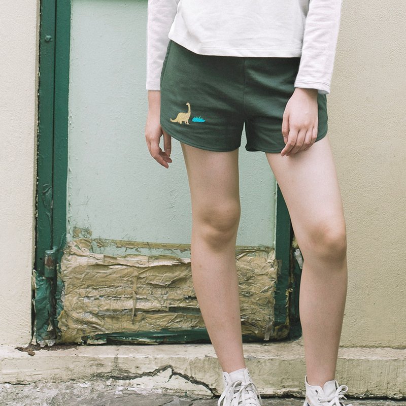 Long Neck Dinosaur Embroidery - Shorts Pant / Dark Green - 女短褲/五分褲 - 棉．麻 綠色