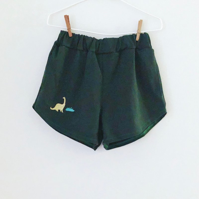 Long Neck Dinosaur Embroidery - Shorts Pant / Dark Green - 女短褲/五分褲 - 棉．麻 綠色