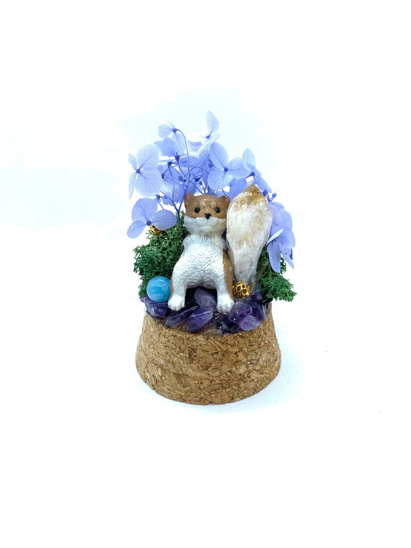 淡紫花園-柴犬與黃水晶/海藍寶珠-手工玻璃罩公仔/水晶/乾燥花擺 - 擺飾/家飾品 - 水晶 