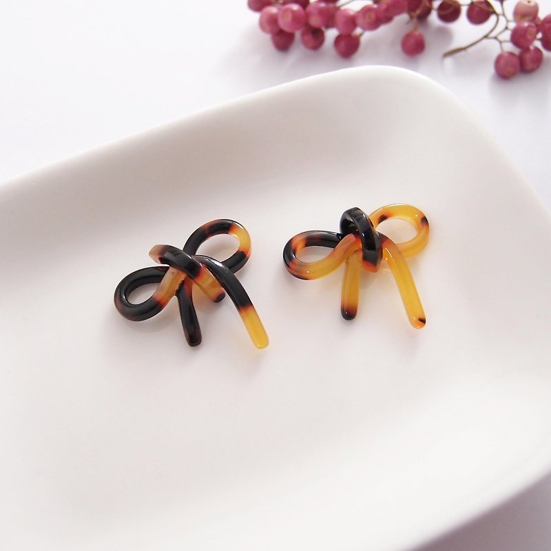 Amber - clip earrings pin earrings stainless steel earrings - Earrings & Clip-ons - Plastic Brown