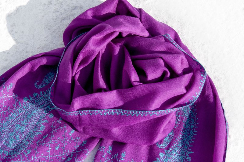 喀什米爾Cashmere 手織圍巾 編織圍巾 羊絨圍巾 純羊毛圍巾披巾 戒指絨披肩 保暖 暖暖 露營必備 登山-刺繡花朵 - 圍巾/披肩 - 羊毛 紫色