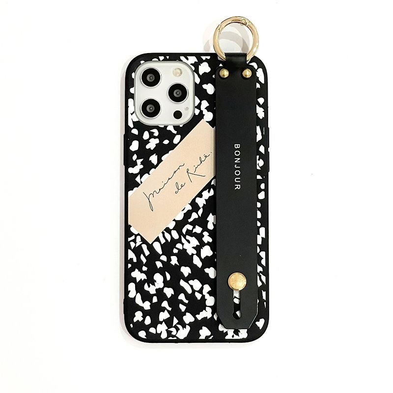 Winter Black and White Leopard Print Hand Strap Phone Case - เคส/ซองมือถือ - พลาสติก สีดำ