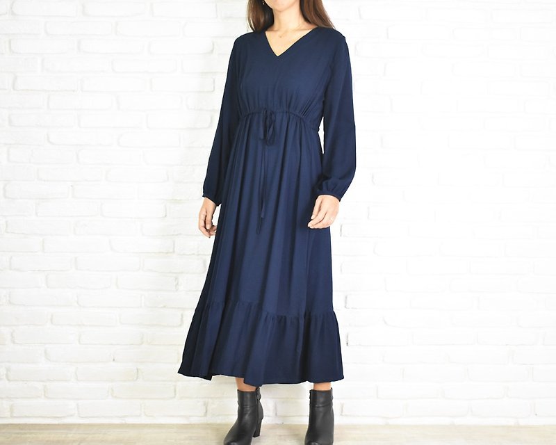 Vネック長袖ワンピース　ネイビー - 洋裝/連身裙 - 其他材質 藍色
