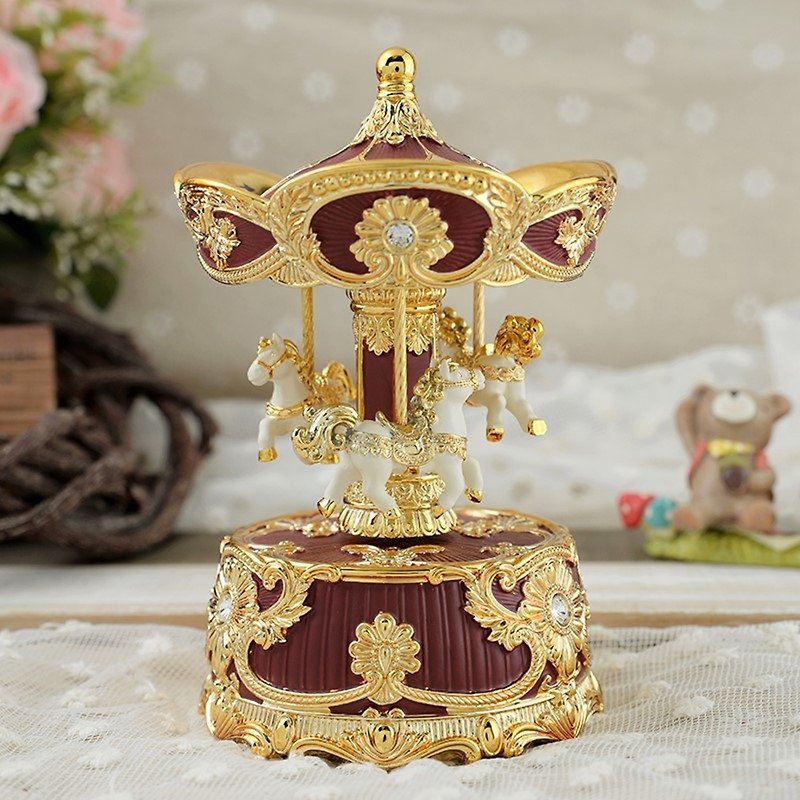 Wine Red Gold Rotating Pony Music Bell (10th Anniversary) Exchange Gift Valentine's Day - Items for Display - Other Materials 