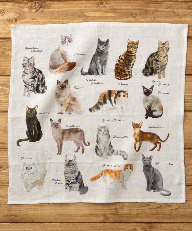 大きめリネンハンカチ キャット ドッグ 43×43cm 3.Cats-B - 其他 - 其他材質 白色