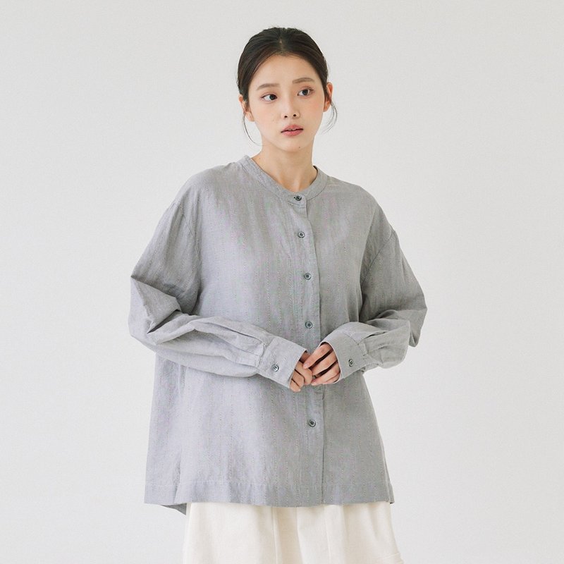 【Simply Yours】條紋棉麻長袖襯衫 灰F - 女襯衫 - 棉．麻 灰色