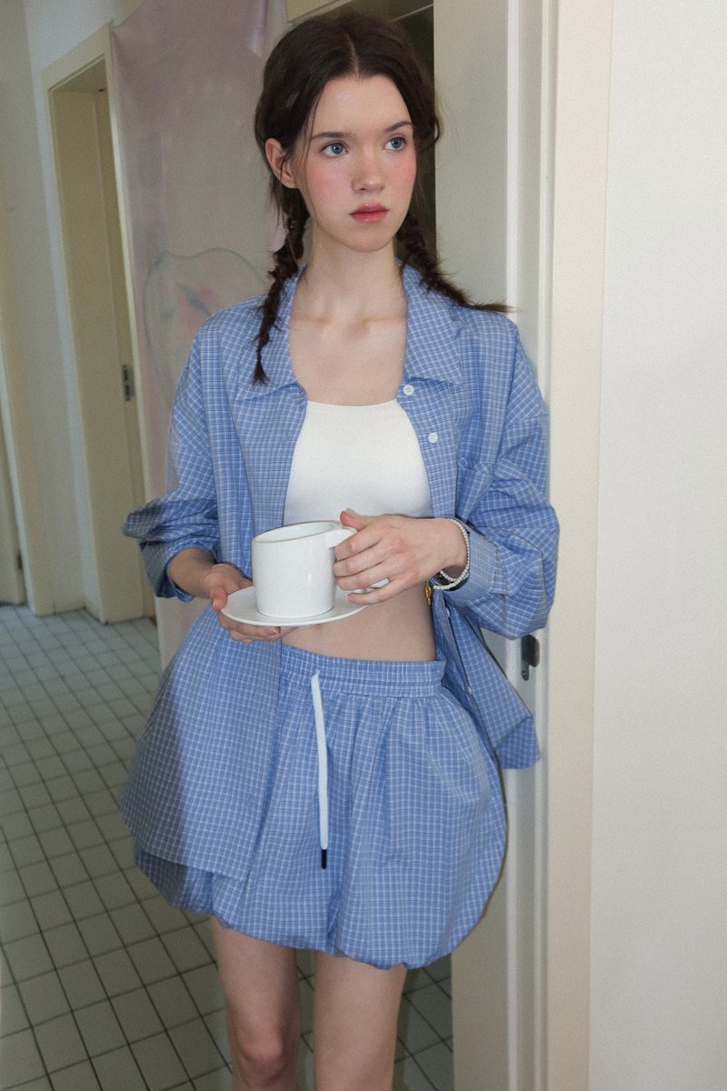 美術館約會 色織格紋柔軟襯衫外套 - 女襯衫 - 其他材質 藍色