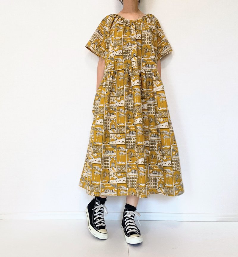 german beer factory　Short Sleeve Raglan Dress  CottonLinen mustard yellow - One Piece Dresses - Cotton & Hemp Yellow