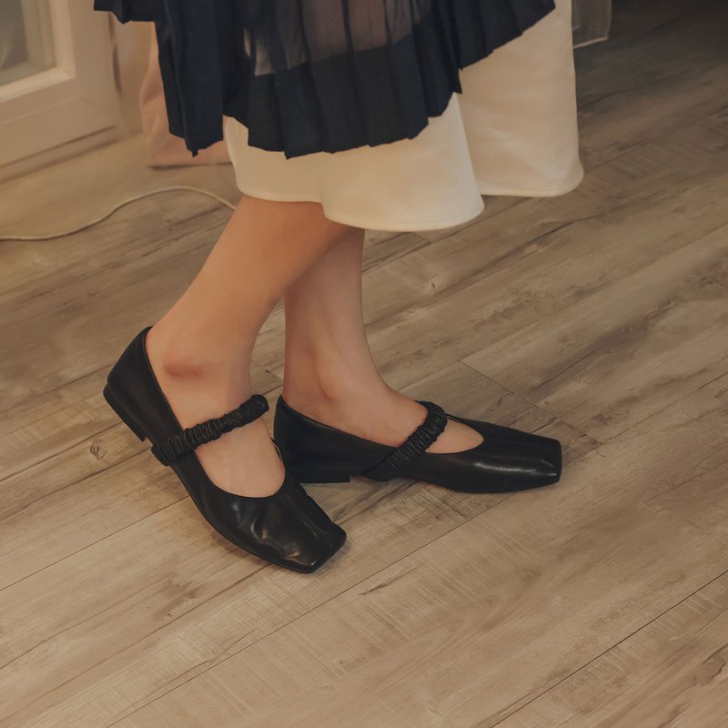 Ballet Shoe Structure - Sheepskin Square Toe Flats - Black - รองเท้าบัลเลต์ - หนังแท้ สีดำ