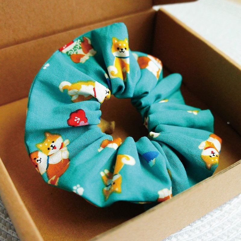 Lovely【日本布】日本柴犬髮束、大腸圈、甜甜圈髮束、湖水綠 - 髮飾 - 棉．麻 藍色
