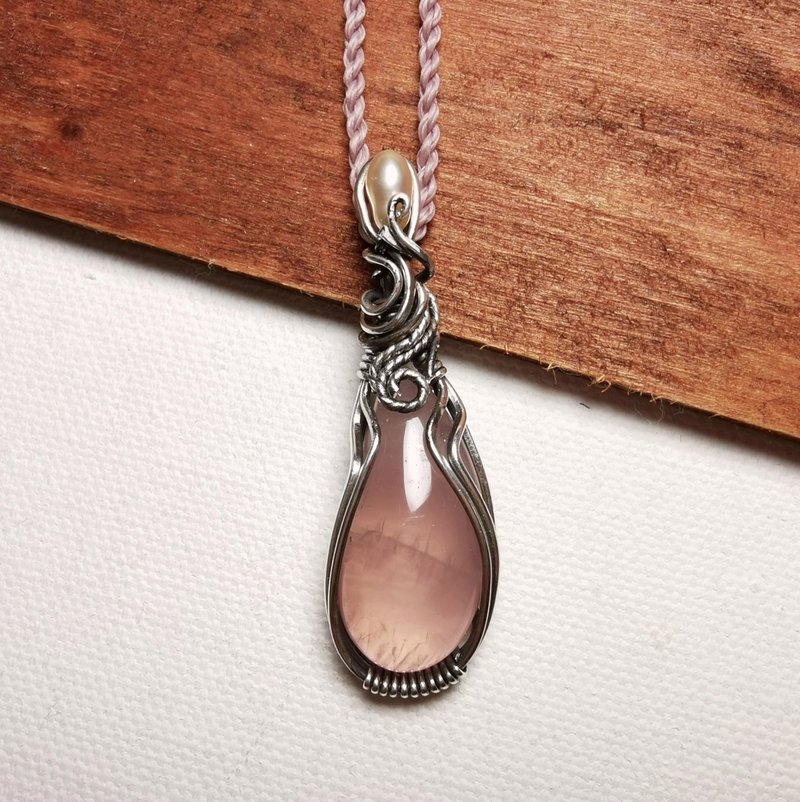 Madagascar pink crystal sterling silver braided pendant/with waterproof Wax thread necklace/pearl - Necklaces - Crystal Pink