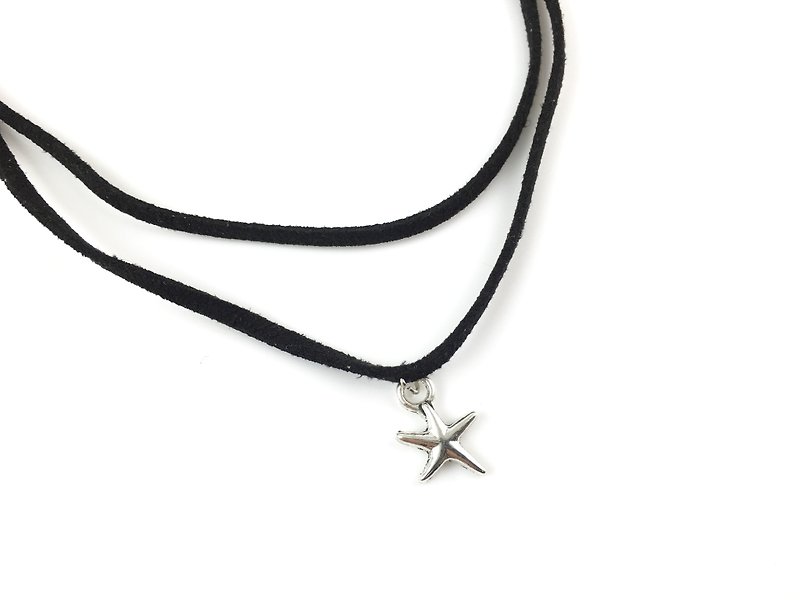 Double silver little star necklace - สร้อยคอ - หนังแท้ สีดำ
