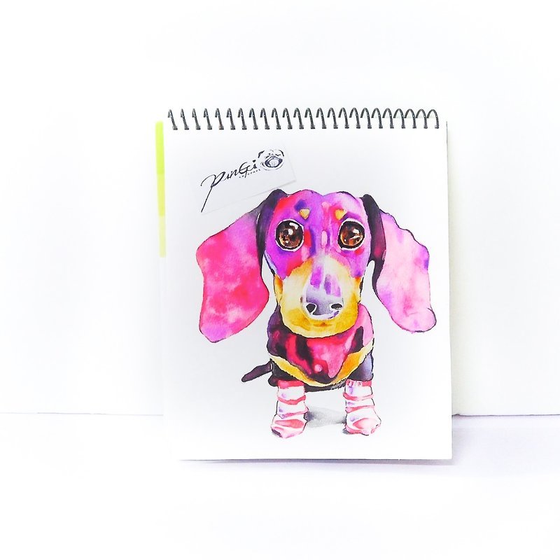 手描きの水彩画-フェイスペインティングのようなカスタマイズされたペットのポートレート-ダックスフント犬のポートレートペインティング[フレームなし] - 似顔絵 - 紙 ピンク