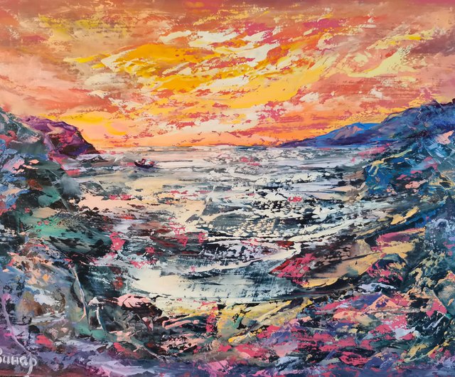 山 海 船 明るい夕日 オリジナル アート 油絵 アーティスト Svinar Oksana - ショップ Original oil painting  artist Svinar Oksana その他 - Pinkoi