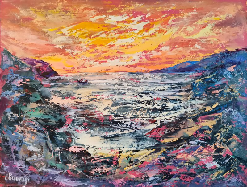 山 海 船 明るい夕日 オリジナル アート 油絵 アーティスト Svinar Oksana - その他 - その他の素材 多色