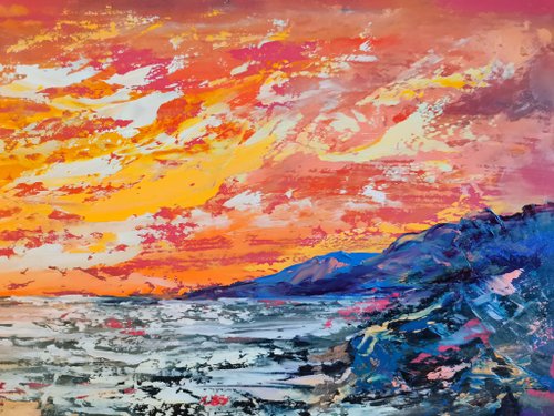 山 海 船 明るい夕日 オリジナル アート 油絵 アーティスト