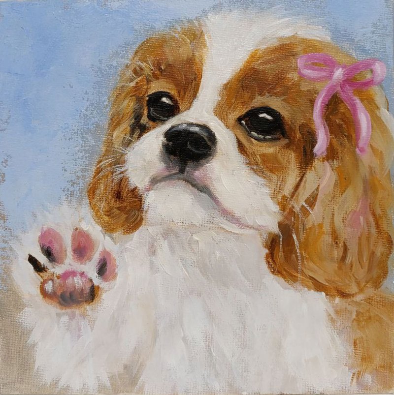 Cute Puppy Painting Original Art Dog Oil Painting Canvas Painting - 海報/掛畫/掛布 - 棉．麻 橘色