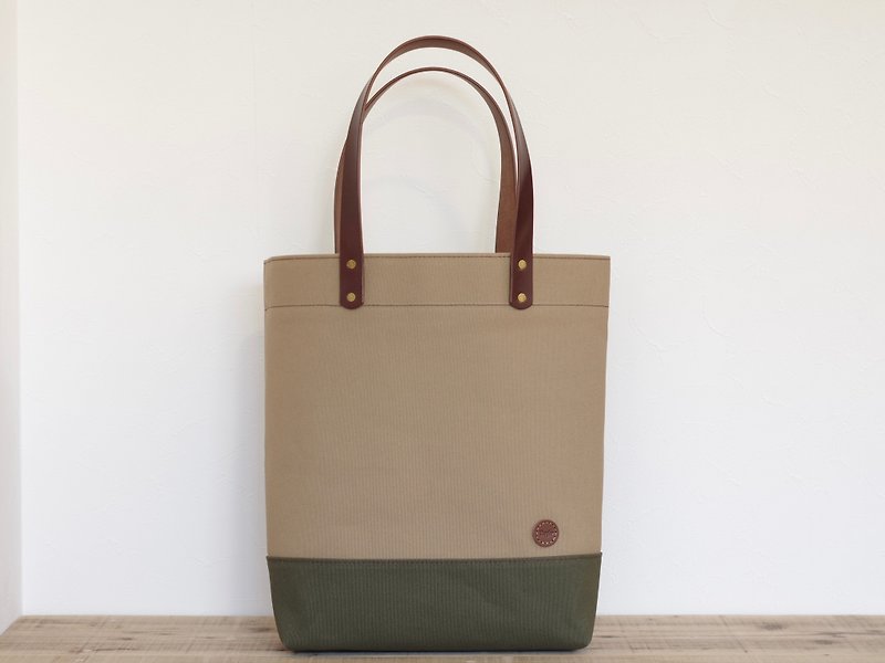 Leather handle canvas vertical tote bag Mushroom x Olive - Handbags & Totes - Cotton & Hemp Khaki