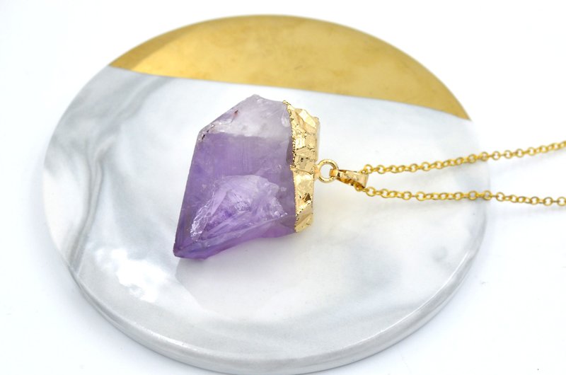 All natural stone cutting 4cm long amethyst necklace chain necklace Bronze mass - Earrings & Clip-ons - Crystal Purple