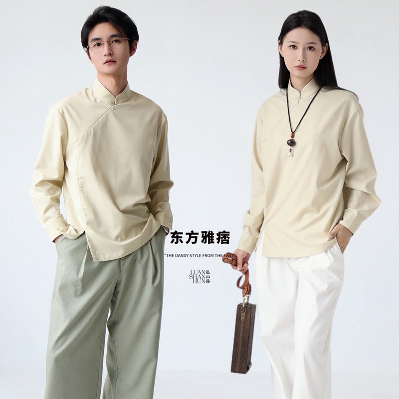 Luanshanhundongfangyupi new Chinese style invisible zipper stand-up collar factory placket shirt daily commuting four seasons - เสื้อเชิ้ตผู้ชาย - วัสดุอื่นๆ 