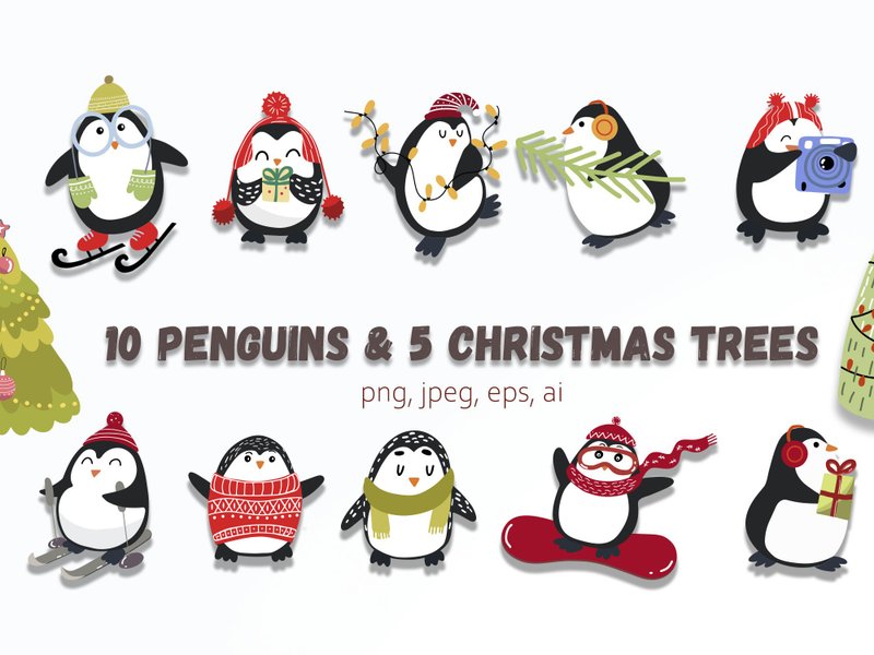 Penguin clipart, Christmas tree clipart, Christmas penguins, Winter animals - Illustration, Painting & Calligraphy - Other Materials White