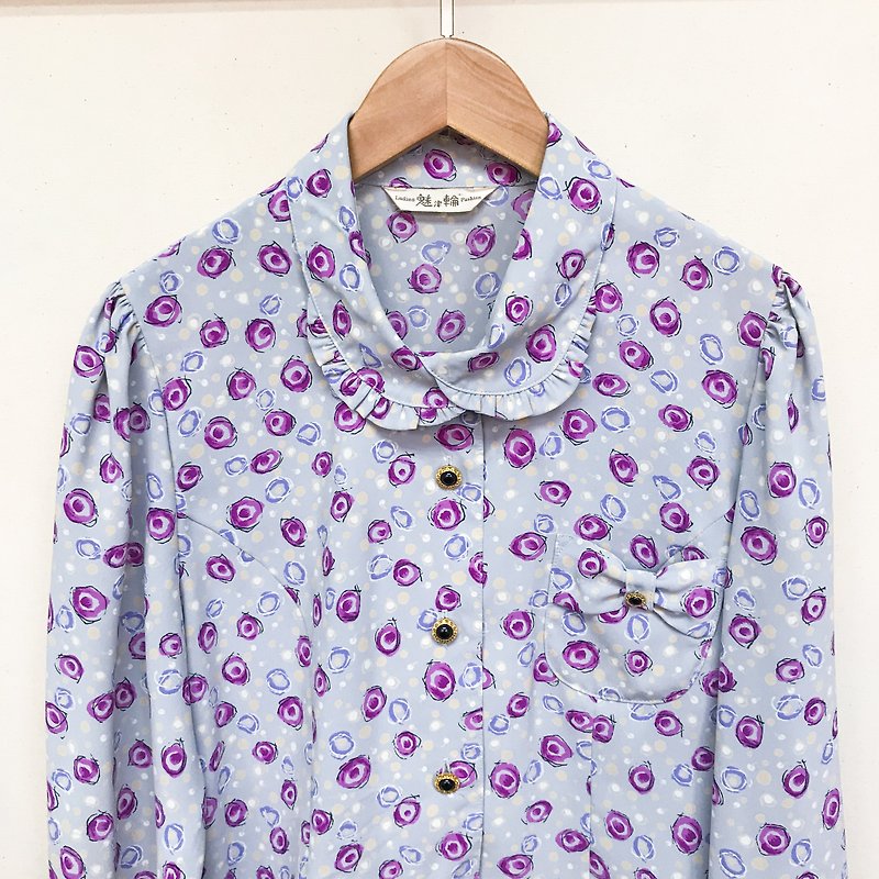 ヴィンテージTシャツ/グレーブルーのバラ柄に襟を重ねた長袖シャツ - シャツ・ブラウス - ポリエステル ブルー