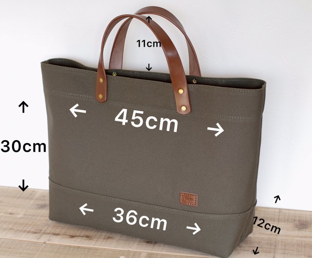 Leather handle canvas tote bag A4 landscape olive - Shop Leather handle canvas tote bag A4 landscape olive - Shop