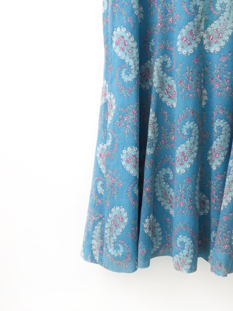 【RE1004D1413】 early autumn retro sweet romantic amoeba print floral short-sleeved water blue ancient dress - ชุดเดรส - เส้นใยสังเคราะห์ สีน้ำเงิน
