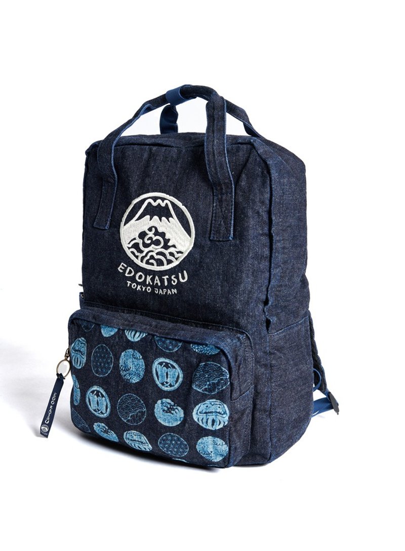 Edo Katsuri Mt. Fuji LOGO Denim Casual Backpack - Unisex (Original Blue Mill) #包包 - กระเป๋าเป้สะพายหลัง - ผ้าฝ้าย/ผ้าลินิน สีน้ำเงิน