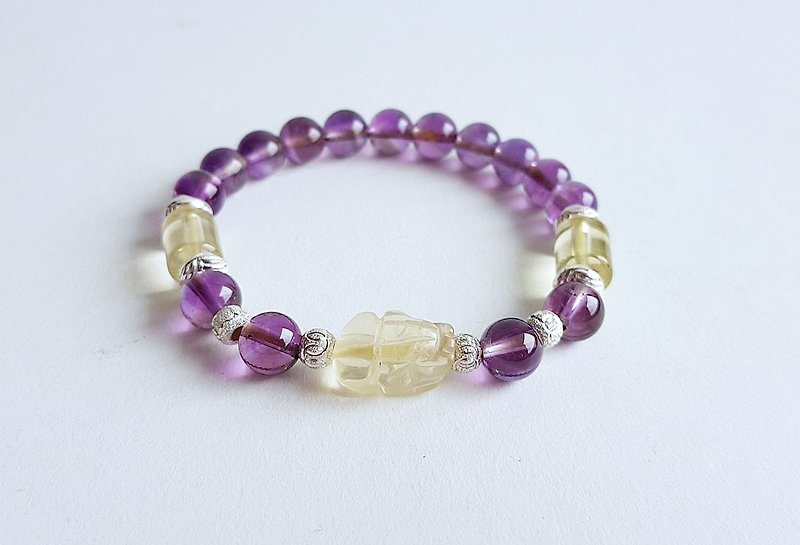 Yellow Beast Amethyst Lemon Yellow Crystal 貔貅 925 Sterling Silver Bracelet - Bracelets - Gemstone Purple