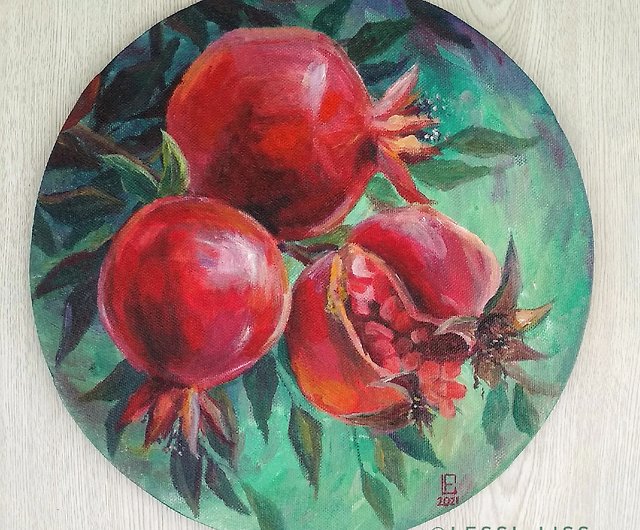 ジューシーな赤いザクロ丸い帆布の元の絵果物幸運 ショップ Lessi Liss ウォールデコ 壁紙 Pinkoi