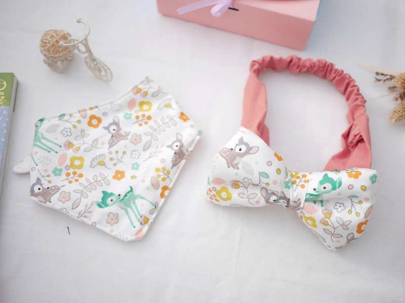 六層紗三角口水巾+立體蝴蝶結髮帶 彌月禮盒 小鹿款 - 滿月禮物 - 棉．麻 粉紅色