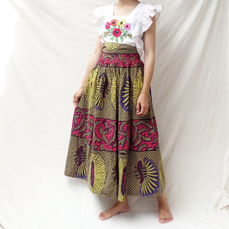 BajuTua / Vintage / 1970's McArthur LTD. African Print Totem Maxi Dress - กระโปรง - ผ้าฝ้าย/ผ้าลินิน หลากหลายสี