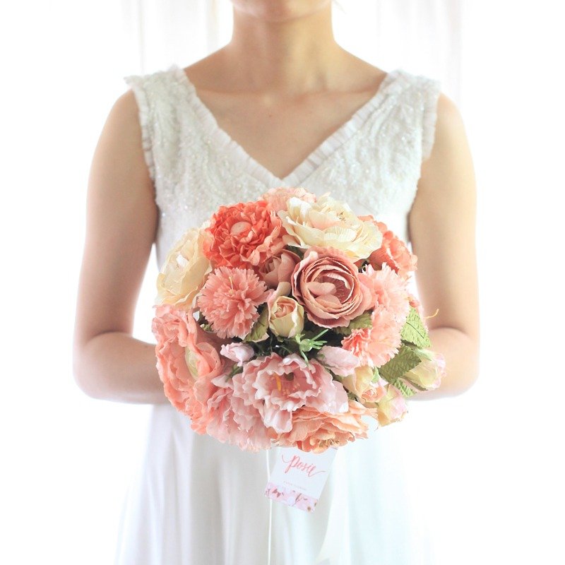 MB313 : ช่อดอกไม้เจ้าสาว สำหรับถือในงานแต่งงาน ในโทนสีพีช - งานไม้/ไม้ไผ่/ตัดกระดาษ - กระดาษ สีส้ม