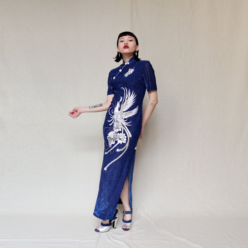 南瓜Vintage。古著 中國風 藍色 華麗 亮片 手工 刺繡 開衩 旗袍 - 旗袍/改良式旗袍 - 其他材質 藍色