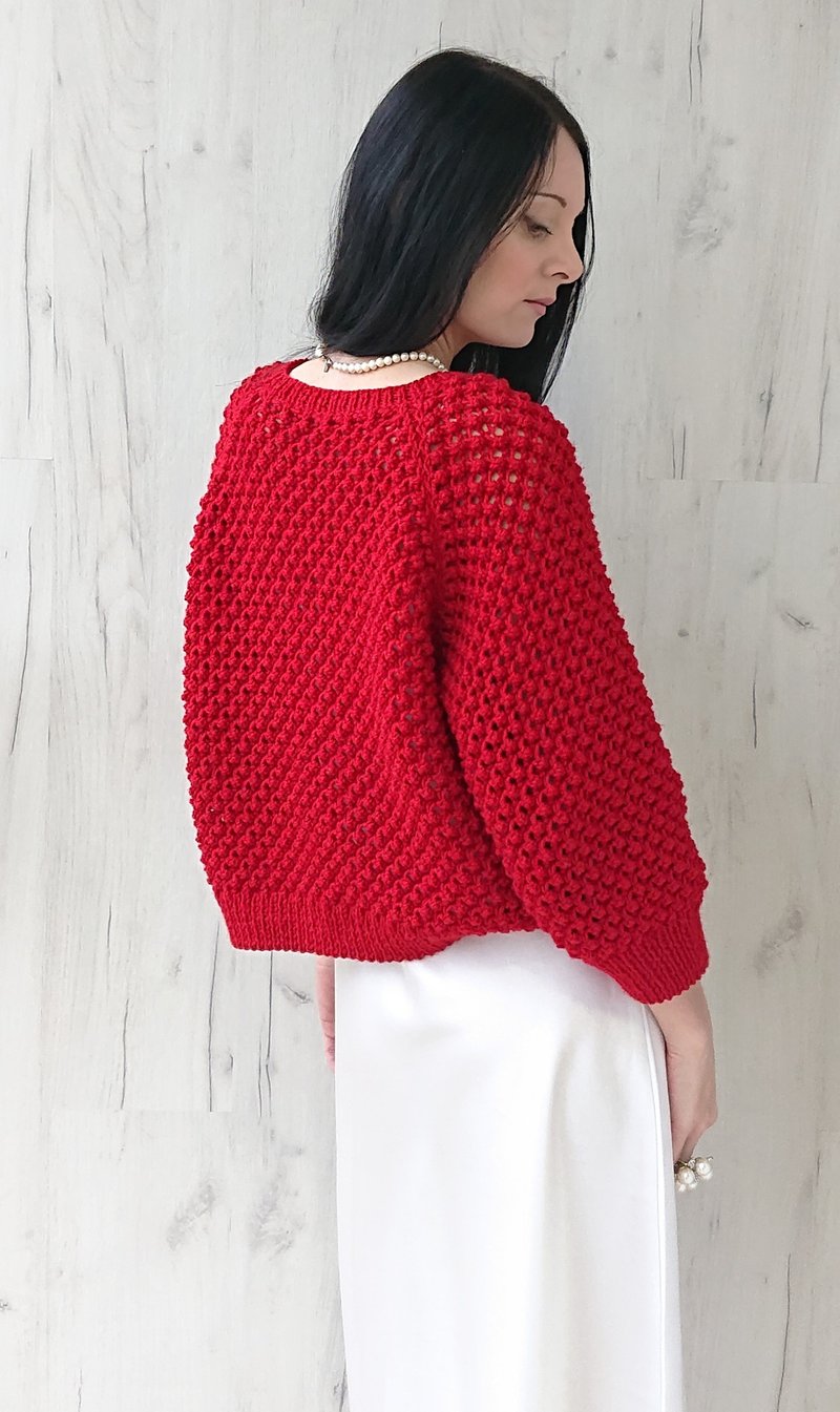 Red sweater jacket Textured cardigan Handmade sweater coat Knitted blouse women - สเวตเตอร์ผู้หญิง - ขนแกะ 