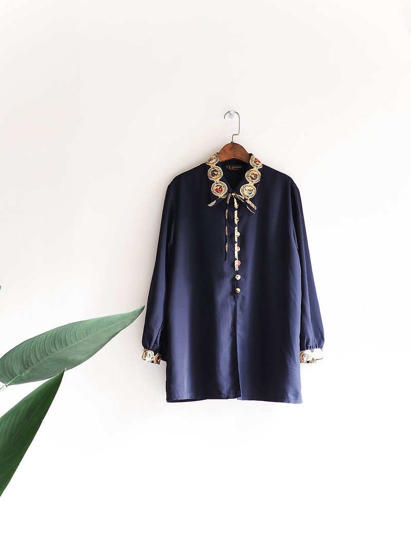 Rivers and mountains - Toyama color buckle palace young girls antique silk blouse shirt shirt oversize vintage - เสื้อเชิ้ตผู้หญิง - เส้นใยสังเคราะห์ สีน้ำเงิน