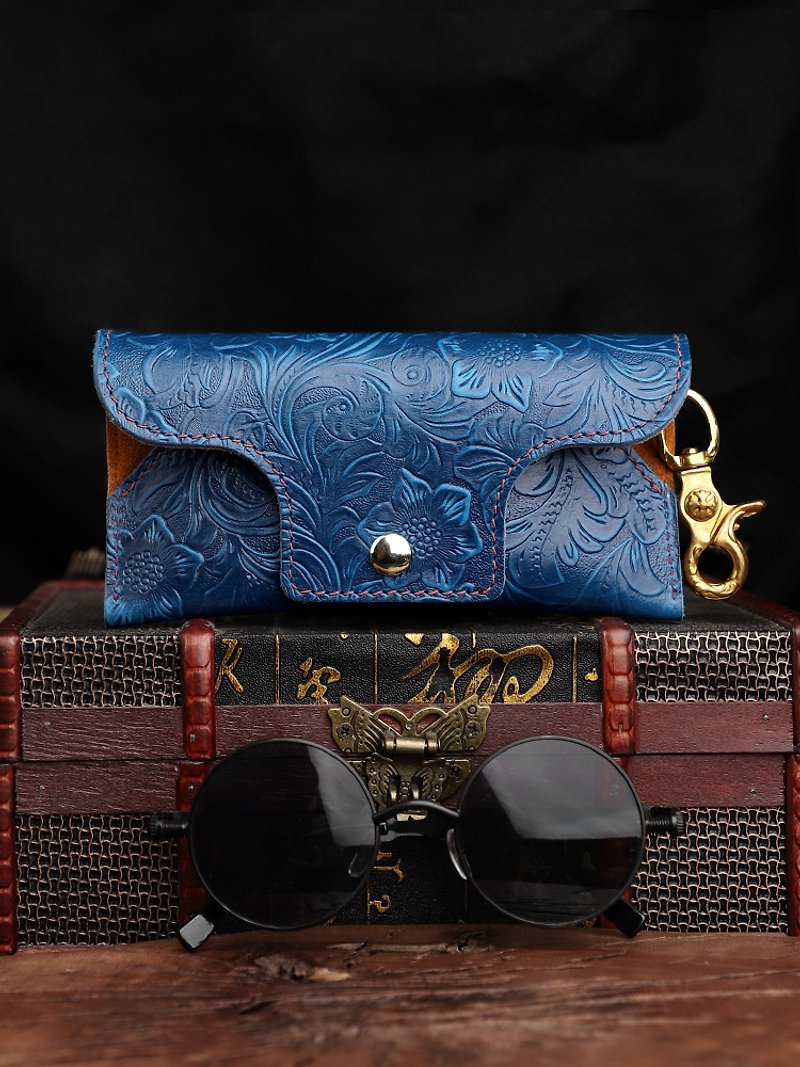 復古真皮眼鏡盒 頭層牛皮太陽眼鏡袋 手工皮革墨鏡包 - 眼鏡盒/眼鏡布 - 真皮 藍色