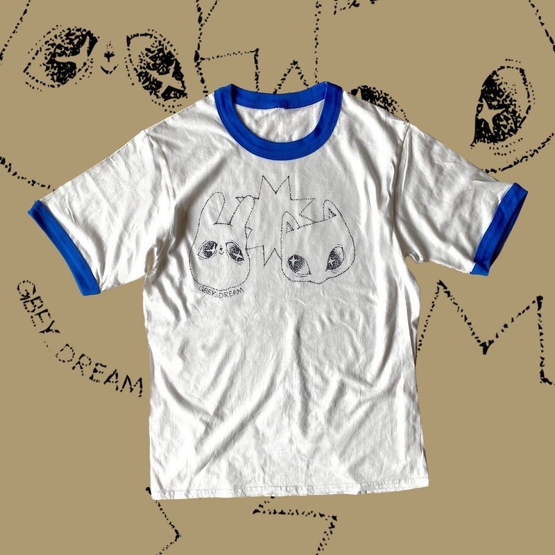 --兩光師古著--兔喵滾邊手繪T-shirt - 女 T 恤 - 其他材質 白色