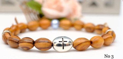 Holy Land blessing 來自聖地的祝福 手鍊 進口9mm橢圓形橄欖木珠和施華洛世奇珍珠搭配十字架8250883