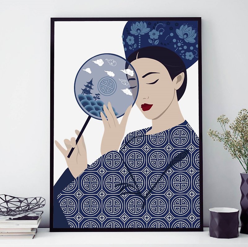 漢服, 女性, 漢服復興, 裝飾畫, 客廳裡畫,  插畫, 藍色裝飾, jpg file only, 拿著扇子的女人 - Posters - Other Materials Blue