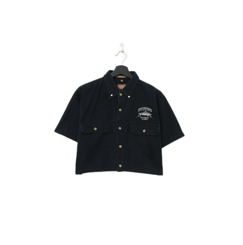 Back to Green-再製短板刺繡襯衫 灰白魚圖 wt-26//vintage shirt - 女襯衫 - 棉．麻 