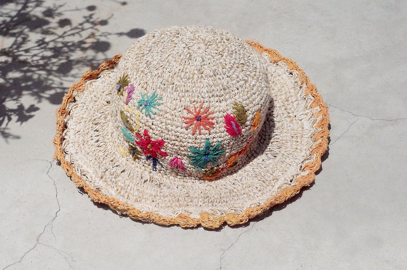 Valentine's Day gift limited a hand-woven cotton hood / weaving hat / fisherman hat / sun hat / straw hat / straw hat - Boho rainbow embroidery flowers forest wind (orange) - Hats & Caps - Cotton & Hemp Multicolor