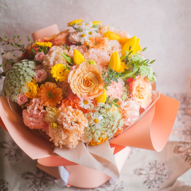 Large colorful pink and orange bouquet | Flower bouquet | Anniversary | Birthday | Gift giving - ช่อดอกไม้แห้ง - พืช/ดอกไม้ สีส้ม